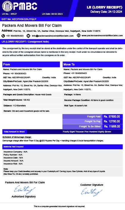 Packers and Movers Bill For Claim