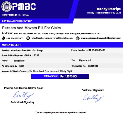 Packers and Movers Bill For Claim