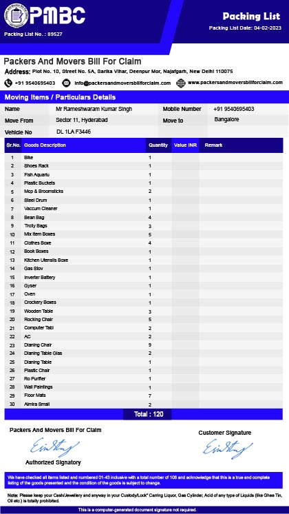 Packers and Movers Bill For Claim