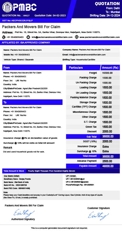 Packers and Movers Bill For Claim